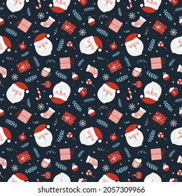 Christmas seamless pattern with funny santa gifts, balls, candy cane, Christmas sock and branches.