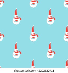 Christmas seamless pattern with funny snowman holding heart. Holiday wrapping paper or background.