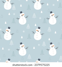 Christmas seamless pattern with funny snowman, snowflakes and christmas tree 