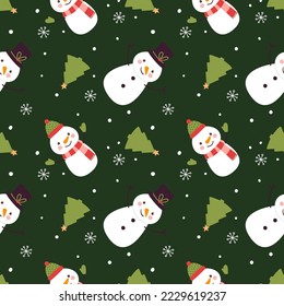 Christmas seamless pattern with funny snowmen and Christmas trees on a dark green background.