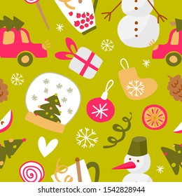 Christmas seamless pattern in funny style on a light green background. Winter background with a holiday symbol wreath, Christmas tree, bell and gifts for print. Winter holiday and merry christmas.