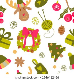 Christmas seamless pattern in funny style isolated on white background. Winter background with a holiday symbol wreath,Christmas tree and gifts for print.Winter holiday background and merry christmas