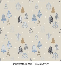 Patrón de Navidad sin foco con árboles divertidos y copos de nieve. El bonito fondo de vacaciones en colores suaves es perfecto para la reserva de recortes, tarjetas de felicitación, papel envolvente