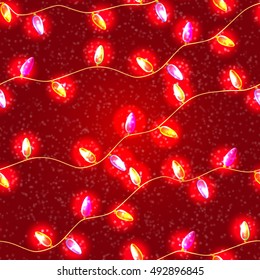 Christmas seamless pattern with garland. Vector. Red background.