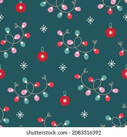 Christmas seamless pattern with garlands, balls, snowflakes on dark green background. Scandinavian style. Perfect for winter holidays, xmas wallpaper, wrapping paper, fabric. Vector illustration