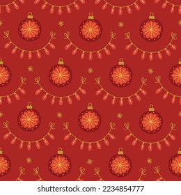 Christmas seamless pattern with garlands and balls on red background. Scandinavian style. Perfect for winter holidays, xmas wallpaper, wrapping paper, fabric. Vector illustration 