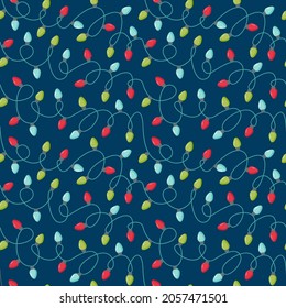 Christmas seamless pattern with garlands isolated on blue background. Vector flat illustration. Design for backdrop, wrapping, wallpaper, textile, packaging