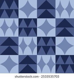 Christmas seamless pattern with geometric elements in blue colors. Flat style. Template for winter holidays design. Vector illustration