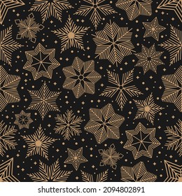 Christmas seamless pattern with geometric motifs. Snowflakes with different ornaments.