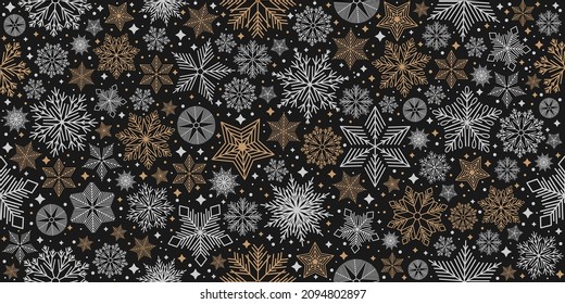 Patrón de Navidad sin fisuras con motivos geométricos. Copos de nieve con diferentes adornos.