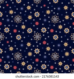 Christmas seamless pattern with geometric motifs. Snowflakes and different ornaments on navy blue background. Retro textile collection. 