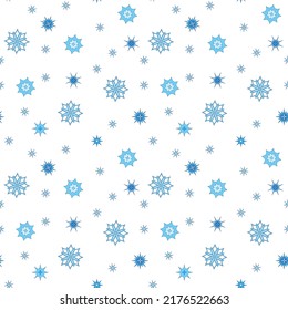 Patrón de Navidad sin fisuras con motivos geométricos. Copos de nieve azules y diferentes ornamentos en el fondo blanco. Colección textil retro. Sobre fondo blanco
