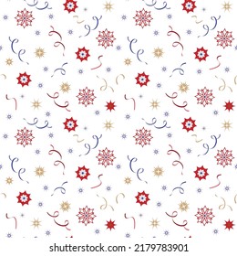 Christmas seamless pattern with geometric motifs. Snowflakes and serpentine on white background. Retro textile collection. On white background