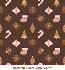Christmas seamless pattern of geometric Christmas and New Year's elements.Minimalist brown print for Xmas wrapping paper,background.New Year,Christmas wrapping paper concept.Vector illustration EPS 10