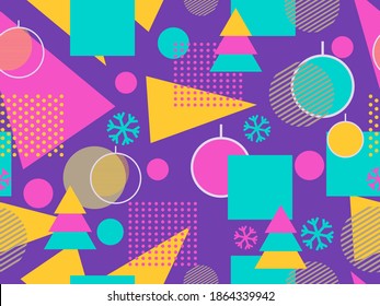 Christmas seamless pattern with geometric shapes in the style of the 80s. Christmas balls and Christmas trees with triangles, circles and for brochures, banners and wrapping paper. Vector illustration