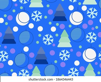 Christmas seamless pattern with geometric shapes in the style of the 80s. Christmas balls and Christmas trees with triangles, circles and for brochures, banners and wrapping paper. Vector illustration