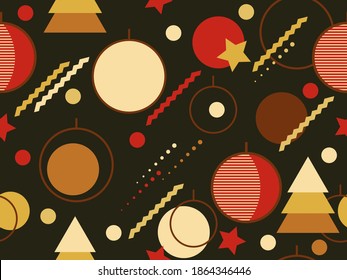 Weihnachten nahtloses Muster mit geometrischen Formen im Stil der 80er Jahre. Weihnachtsbälle und Weihnachtsbäume mit Dreiecken, Kreise und für Broschüren, Banner und Umhüllungspapier. Vektorgrafik