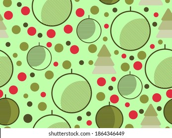 Christmas seamless pattern with geometric shapes in the style of the 80s. Christmas balls and Christmas trees with triangles, circles and for brochures, banners and wrapping paper. Vector illustration