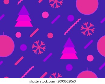 Christmas seamless pattern with geometric shapes in the style of the 80s. Christmas balls and trees with triangles, snowflakes for brochures, banners and wrapping paper. Vector illustration