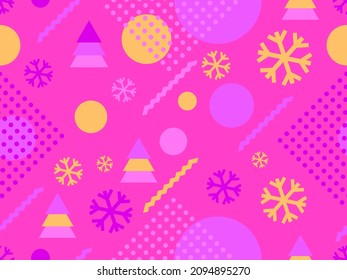 Patrón de Navidad sin fisuras con formas geométricas en el estilo de los años 80. Bolas de Navidad y árboles con triángulos, copos de nieve para folletos, pancartas y papel de envoltura. Ilustración del vector