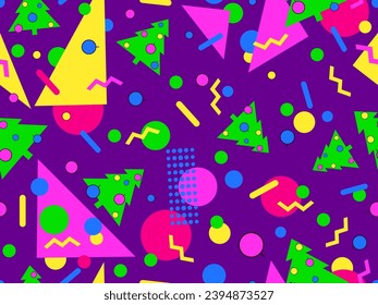 Christmas seamless pattern with geometric shapes in 80s Memphis style. Christmas pattern with fir trees, Christmas decorations and geometric shapes for wrappers and banners. Vector illustration