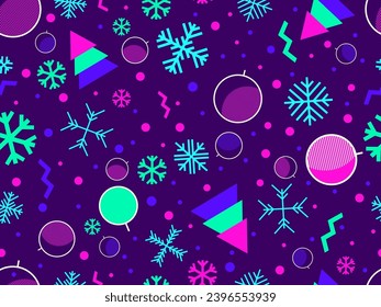 Christmas seamless pattern with geometric shapes in 80s Memphis style. Christmas pattern with fir trees, Christmas decorations and geometric shapes for wrappers and banners. Vector illustration