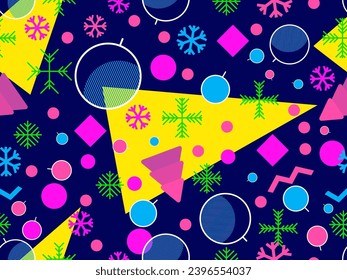 Christmas seamless pattern with geometric shapes in 80s Memphis style. Christmas pattern with fir trees, Christmas decorations and geometric shapes for wrappers and banners. Vector illustration