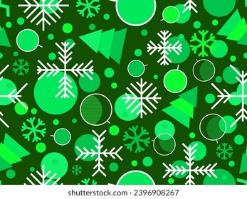 Christmas seamless pattern with geometric shapes in 80s Memphis style. Christmas pattern with fir trees, Christmas decorations and geometric shapes for wrappers and banners. Vector illustration