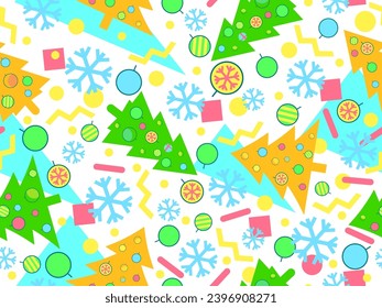 Christmas seamless pattern with geometric shapes in 80s Memphis style. Christmas pattern with fir trees, Christmas decorations and geometric shapes for wrappers and banners. Vector illustration