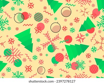 Patrón de Navidad sin fisuras con formas geométricas en el estilo Memphis de los 80. Patrón navideño con abetos, decoraciones navideñas y formas geométricas para envolturas y pancartas. Ilustración del vector