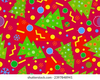 Christmas seamless pattern with geometric shapes in 80s Memphis style. Christmas pattern with fir trees, Christmas decorations and geometric shapes for wrappers and banners. Vector illustration