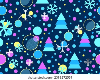 Patrón de Navidad sin fisuras con formas geométricas en el estilo Memphis de los 80. Patrón navideño con abetos, decoraciones navideñas y formas geométricas para envolturas y pancartas. Ilustración del vector