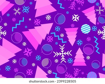 Christmas seamless pattern with geometric shapes in 80s Memphis style. Christmas pattern with fir trees, Christmas decorations and geometric shapes for wrappers and banners. Vector illustration