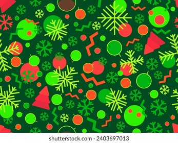 Christmas seamless pattern with geometric shapes in 80s Memphis style. Christmas pattern with fir trees, Christmas decorations and geometric shapes for wrappers and banners. Vector illustration
