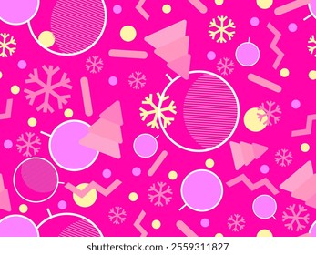 Christmas seamless pattern with geometric shapes in the style of the 80s. Christmas pattern with fir trees, Christmas decorations and geometric shapes for wrappers and banners. Vector illustration