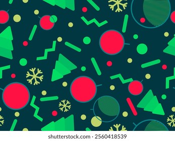 Christmas seamless pattern with geometric shapes in the style of the 80s. Christmas pattern with fir trees, Christmas decorations and geometric shapes for wrappers and banners. Vector illustration