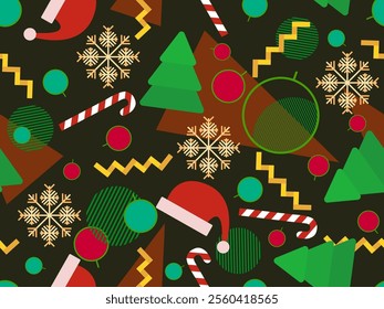 Christmas seamless pattern with geometric shapes in 80s style. Christmas balls, fir trees, lollipops and snowflakes with geometric shapes. Design for banners, wrappers and covers. Vector illustration