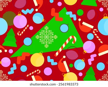 Christmas seamless pattern with geometric shapes in 80s style. Christmas balls, fir trees, lollipops and snowflakes with geometric shapes. Design for banners, wrappers and covers. Vector illustration