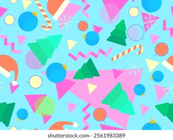 Christmas seamless pattern with geometric shapes in 80s style. Christmas balls, fir trees, lollipops and snowflakes with geometric shapes. Design for banners, wrappers and covers. Vector illustration