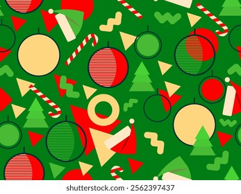 Christmas seamless pattern with geometric shapes in 80s style. Festive pattern with fir trees, lollipops, Christmas balls and Santa hats. Design for banners, wrappers and covers. Vector illustration