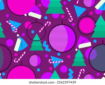 Christmas seamless pattern with geometric shapes in 80s style. Festive pattern with fir trees, lollipops, Christmas balls and Santa hats. Design for banners, wrappers and covers. Vector illustration