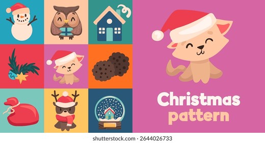Christmas seamless pattern with geometric square icons and cute objects. Vector background with festive abstract ornament