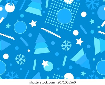 Patrón ininterrumpido de Navidad con árboles de Navidad geométricos y copos de nieve al estilo de los años 80. Diseño de Navidad para imprimir en materiales promocionales, papel de envoltura y banners. Ilustración del vector