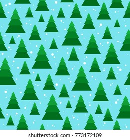 Christmas seamless pattern with geometrical fir-trees on snow background. Winter holidays design. Modern Christmas pattern. Vector background.