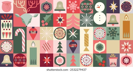 Christmas seamless pattern, geometrical flat design, abstract decorative wallpaper, seasonal elements, background