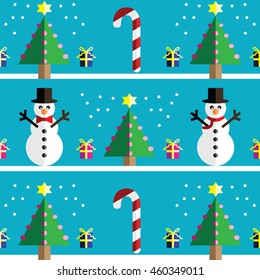 Christmas Seamless pattern with geometrical Snowman with scarf and with bow tie , gifts with ribbon, snow, sweets,  xmas trees with  pink lights and star element in 2 shades on light blue background 
