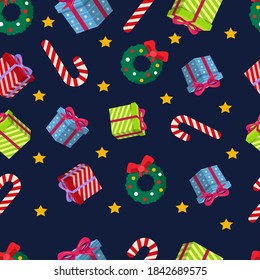 Christmas seamless pattern with gift and christmas accessories