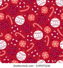 Christmas seamless pattern with gift, ball, bauble, candy, snowflake on red background. Perfect for holiday invitations, winter greeting cards, wallpaper and gift paper 