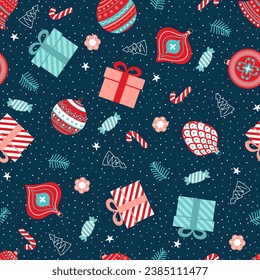 Christmas seamless pattern with a gift, a ball, a trinket, sweets, and snowflake on a blue background. Perfect for holiday invitations, winter greeting cards, wallpaper and gift paper