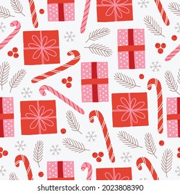 Christmas seamless pattern with gift box, snow, fir branches, candy cane on white background. Scandinavian style. Perfect for winter holidays, wallpaper, wrapping paper, fabric. Vector illustration